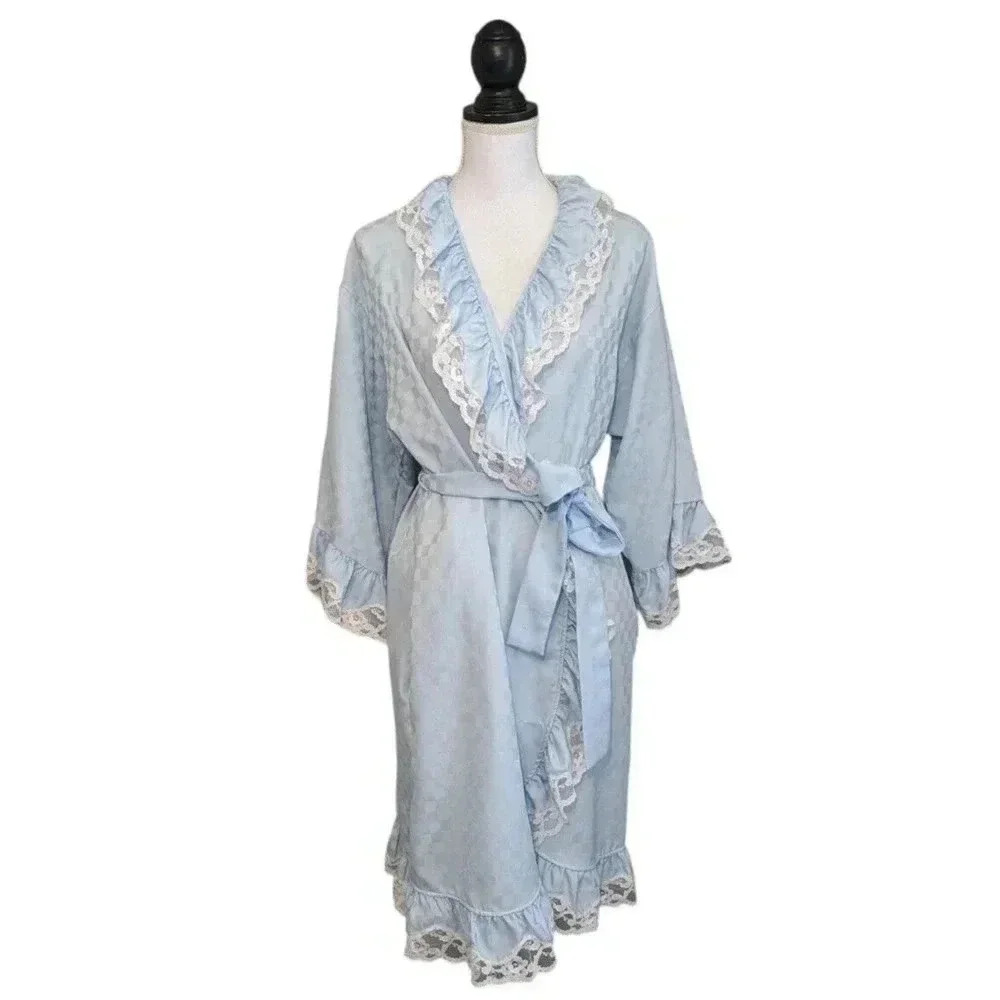 Vintage Givenchy Intimates Paris Tiffany Blue Ruffle Lace Check Robe Small USA
